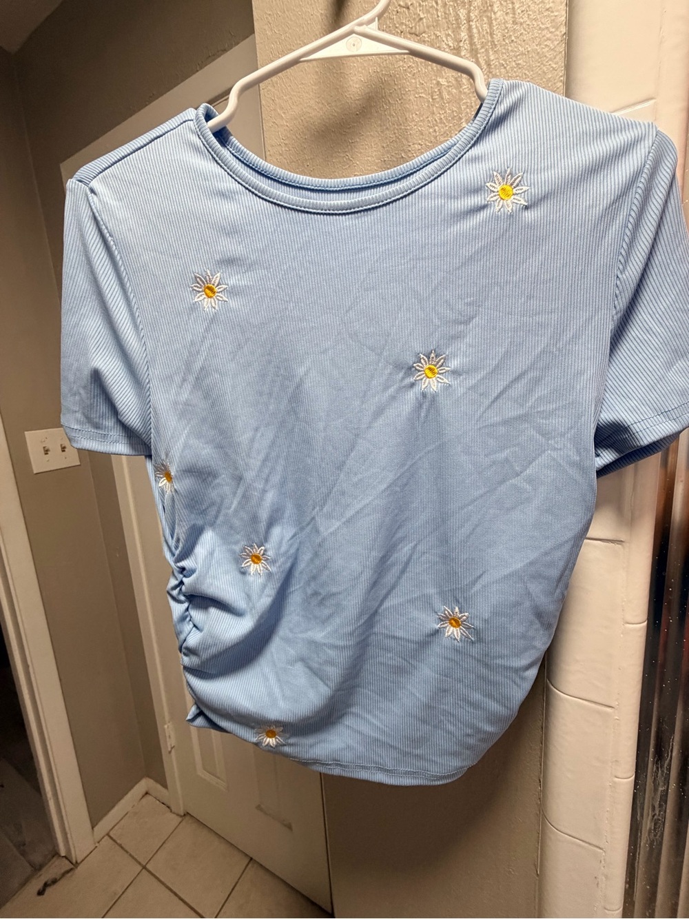 SHEIN Light Blue Daisy Embroidered Short Sleeve Crop Top